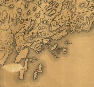 Portion of P. Anderson's 1845 map of the proposed route of the New York and New Haven Railroad, showing Davids Island identified as Henlet Island, perhaps a corruption of an older place-name, Hewitts Island (Library of Congress digital collections)
