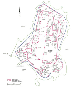 Sketch map of Fort Slocum in the early 1960s, with building numbers as used during demolition project.